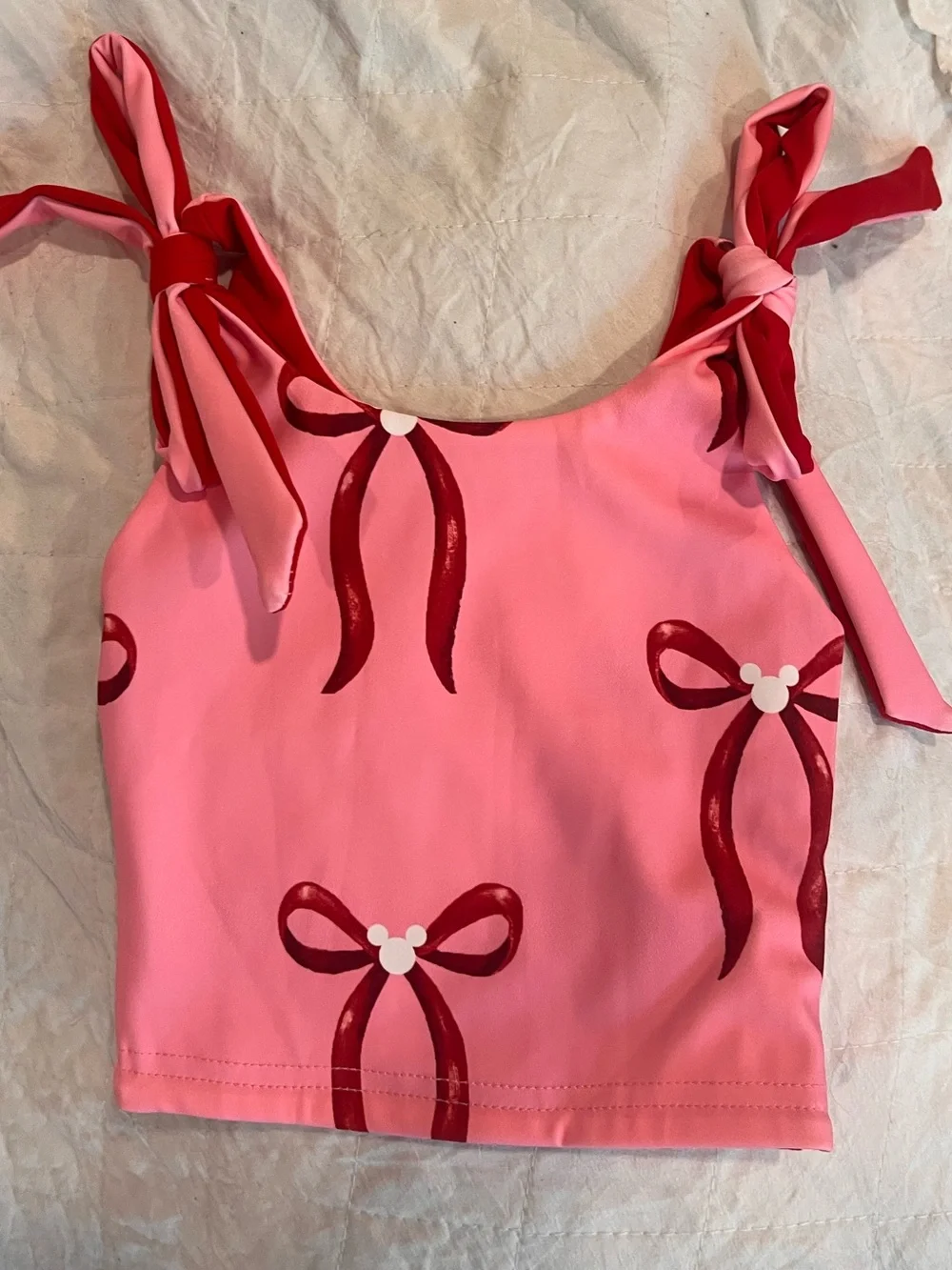 Girls' Pink Bow-Print Tie-Shoulder Swim Crop Top